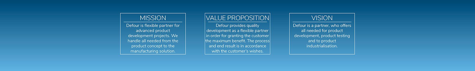 Defour is a flexible partner for advanced product development projects. We handle all needed from the product concept to the manufacturing solution. Our value proposition is to provide quality development as a flexible partner in order for granting the customer the maximum benefit. The process and end result are in accordance with the customer's wishes. Our vision is to be a partner, who offers all the needed for product development, product testing and to product industrialisation.